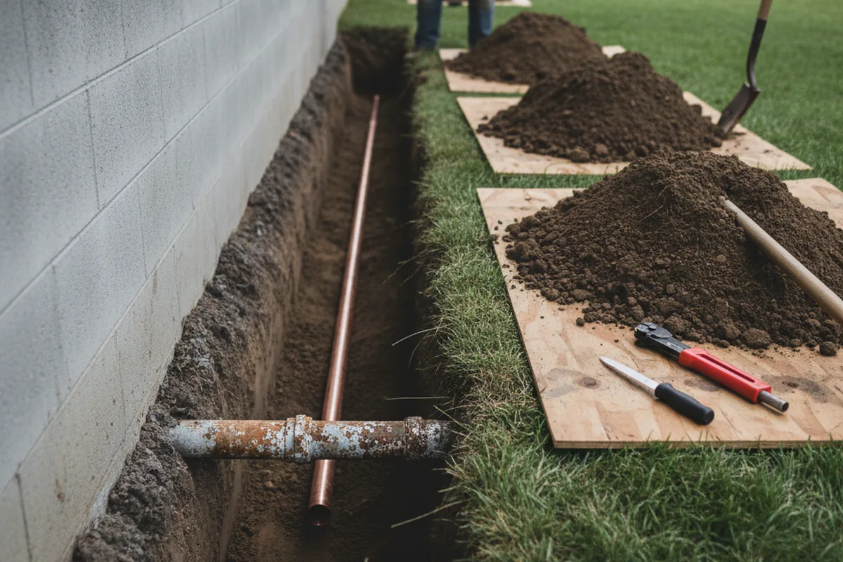 Excavated water line trench during Water Heater Repair in Bridge City